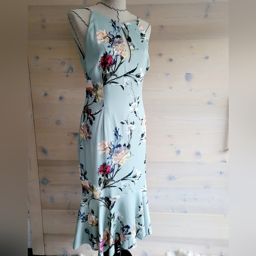 Hope & Ivy All Over Printed Peplum Hem Midi Keyhole Dress US 10/UK 14